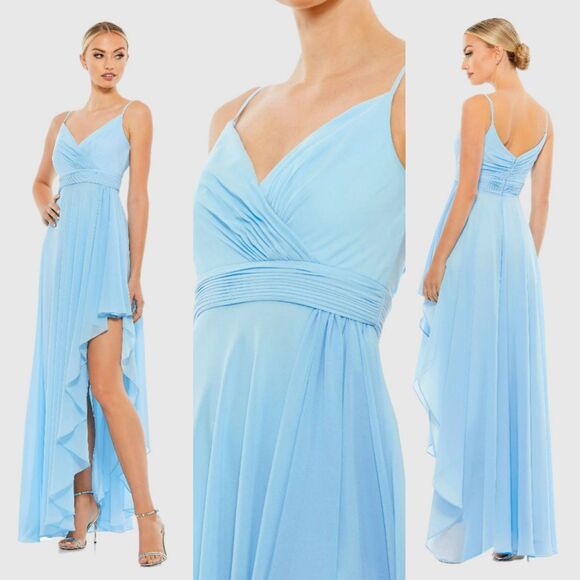 Mac Duggal Blue Asymmetrical Hem Chiffon V-Neck Size 12 Maxi Dress 70191 New - Picture 1 of 8